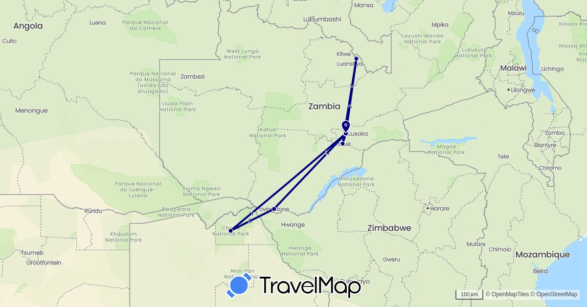 TravelMap itinerary: driving in Botswana, Zambia (Africa)